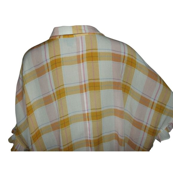 ana XLT Blouse Yellow Gold Pink White Plaid (XL tall) top shirt Tie Front Ruffle - Picture 9 of 10